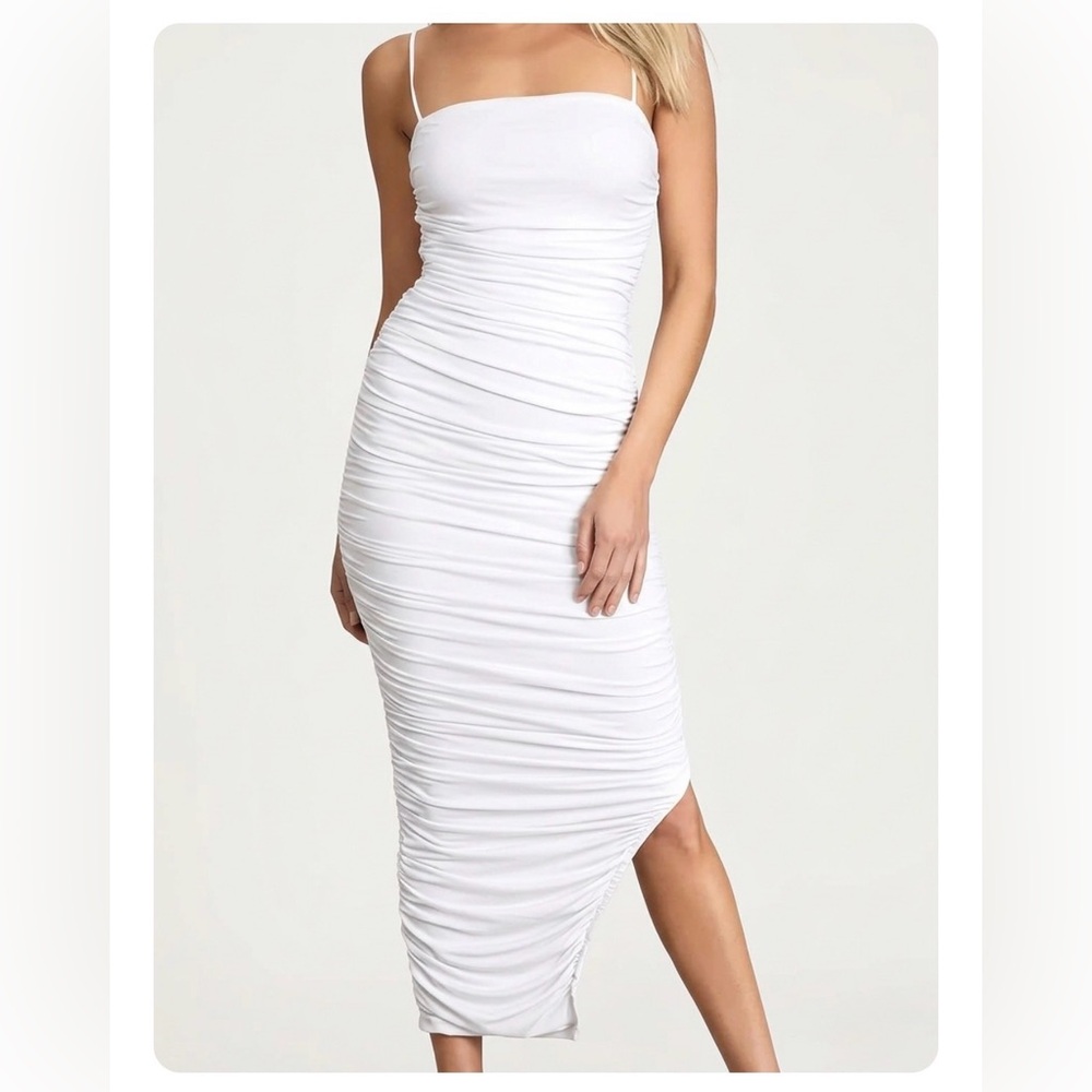 Privy Ruched Stretch Mesh White Adjustable Spaghetti Strap Side Slit Dress Small